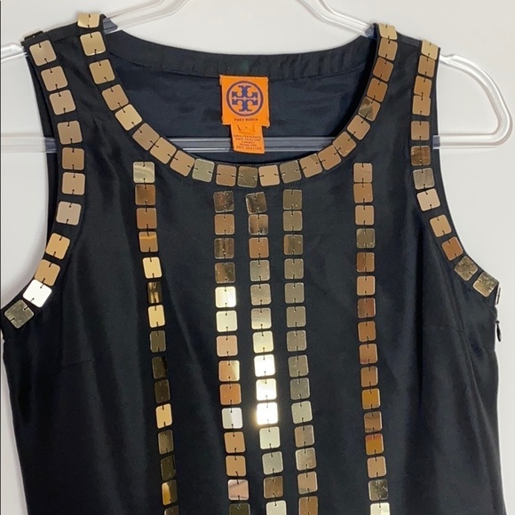 Tory Burch black silk gold sequins shift dress 2 - Picture 2 of 8